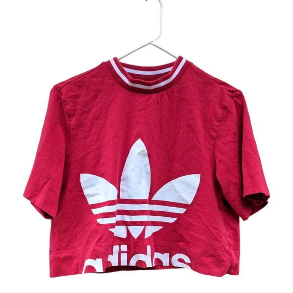 Red adidas cropped trefoil‎ logo tee shirt top Sz Small - Picture 4 of 9